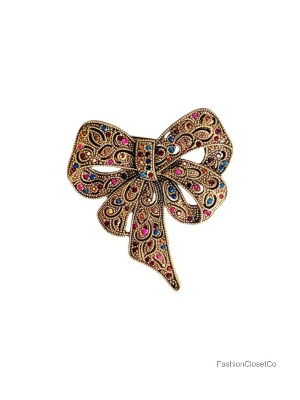Vintage Bow Brooch Crystal Rhinestone Filigree Pin Retro Bowknot